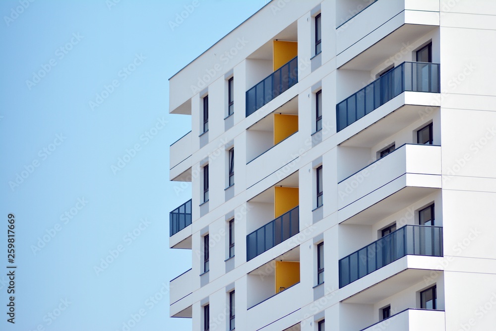 Modern european complex of apartment buildings. Fragment of a modern residential apartment building.