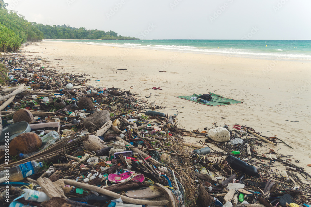 Beach pollution. Plastic bottles and other trash on sea beach