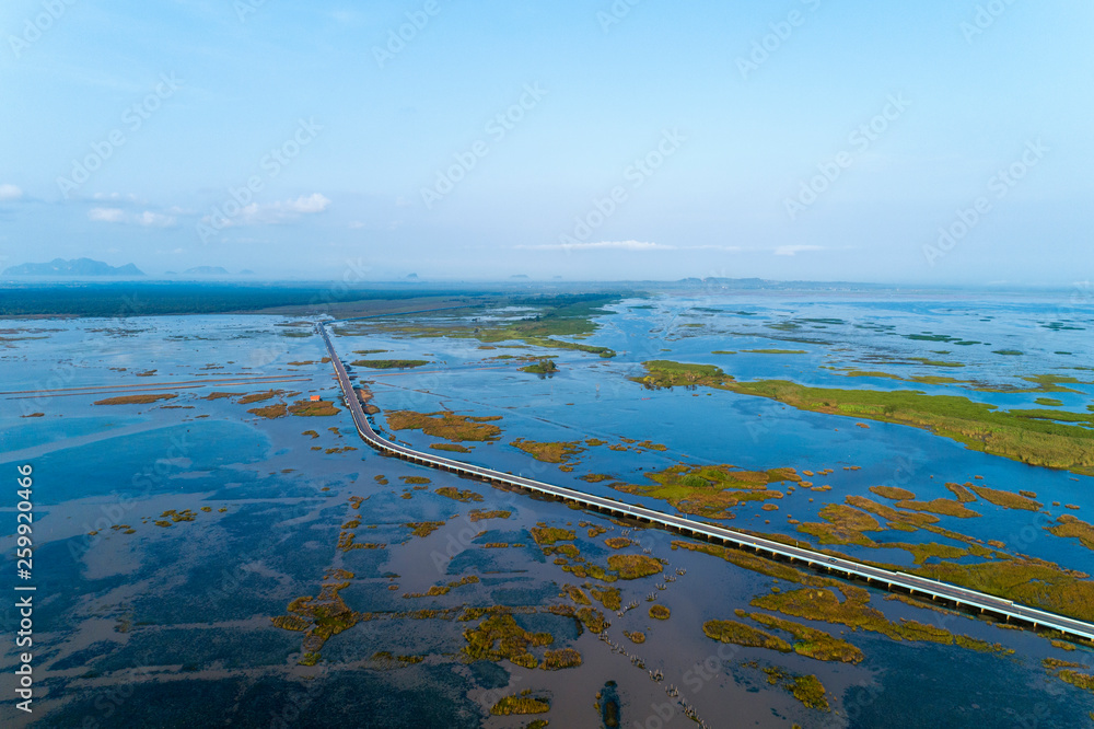 Aerial view Drone shot of Bridge(Ekachai bridge)Colorful Road bridge cross the lake at Talay Noi Lak