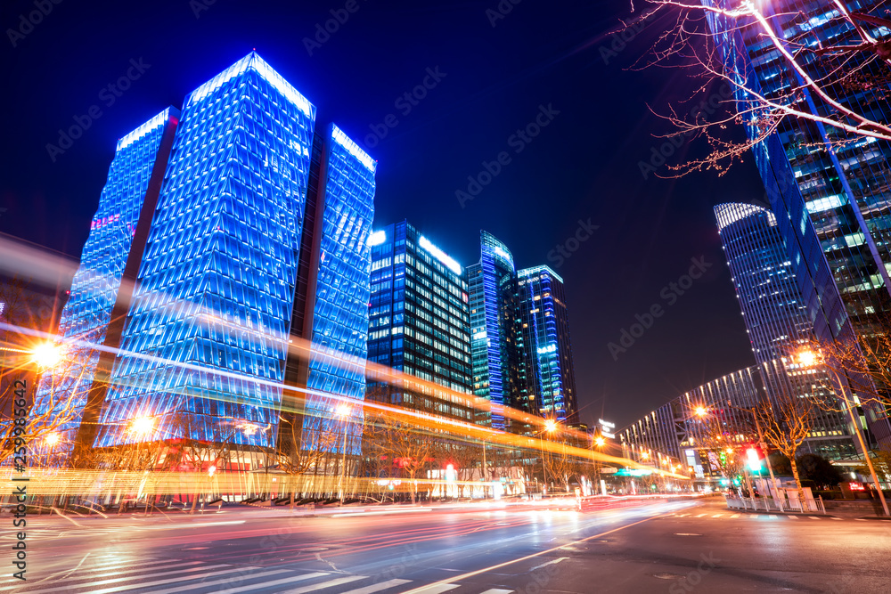 Urban Nightscape Architecture Street and Fuzzy Car Lights..