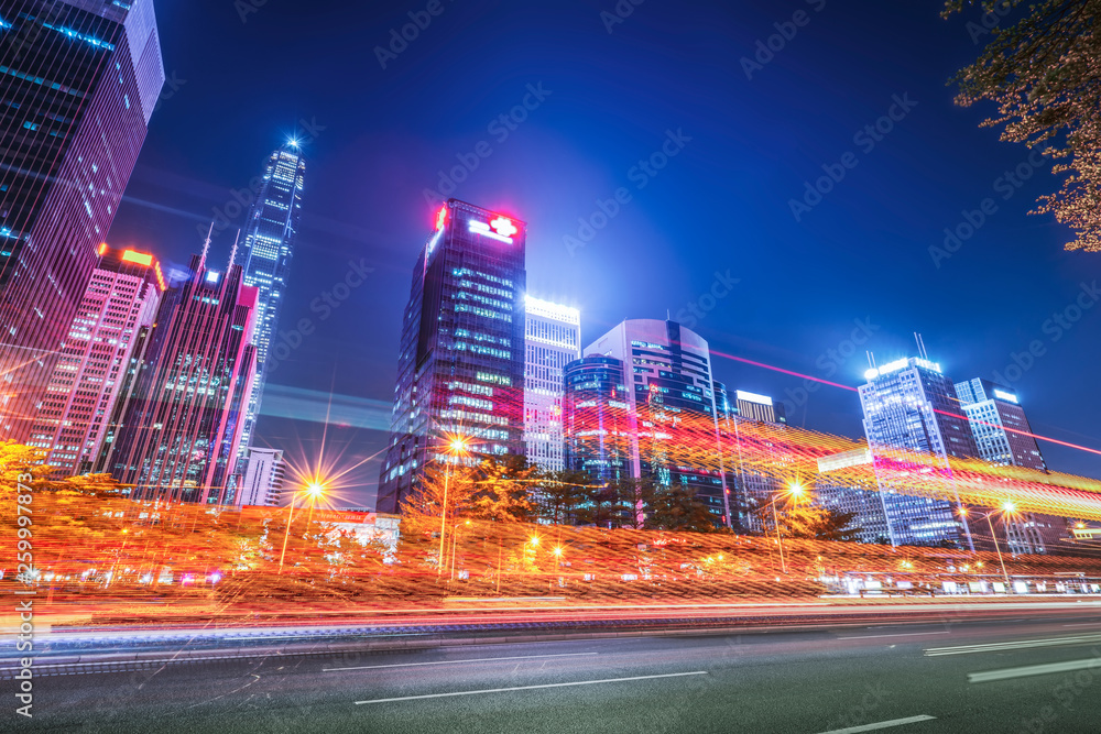 Urban Nightscape Architecture Street and Fuzzy Car Lights..