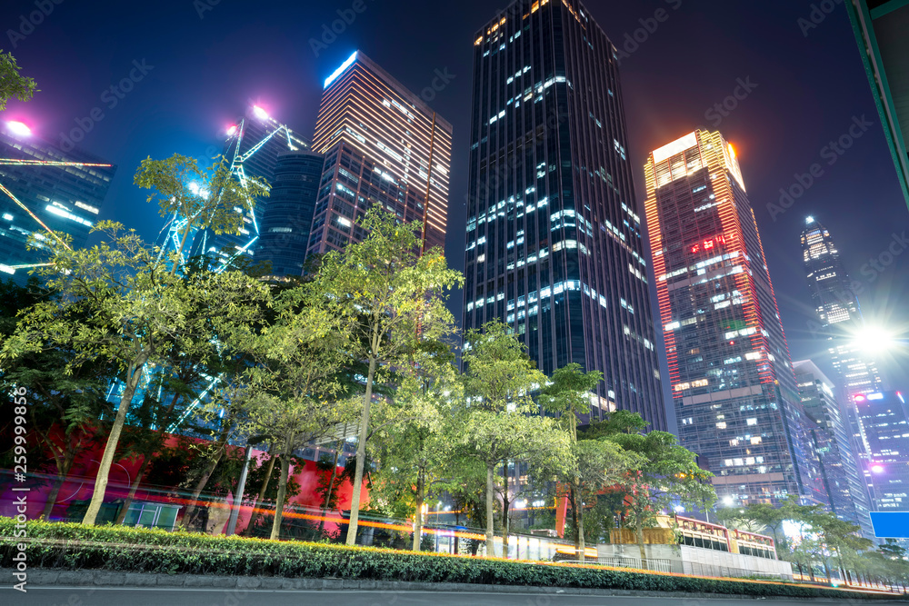 Urban Nightscape Architecture Street and Fuzzy Car Lights..