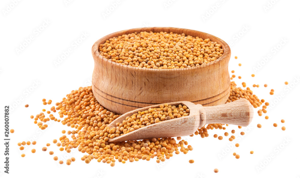 Yellow mustard seeds isolated on white background, with clipping path