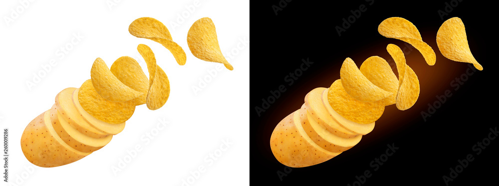 Potato slices turning into flying potato chips isolated on white and black backgrounds