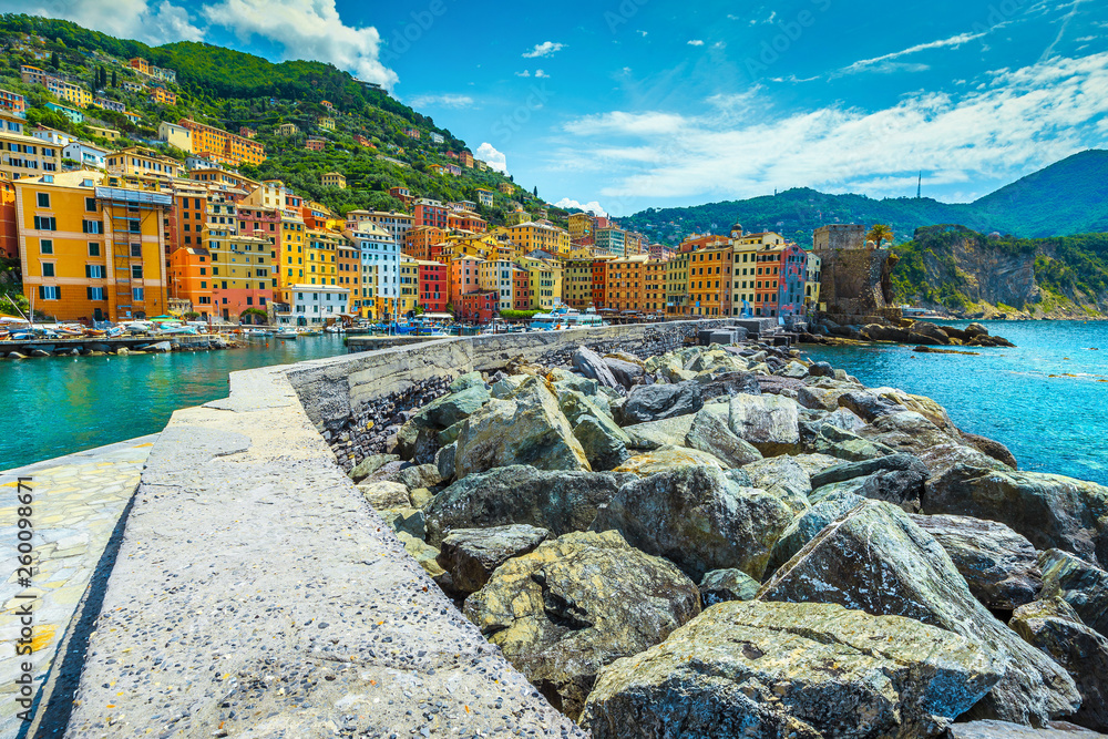 Mediterranean cityscape with harbor and yachts, Camogli resort, Liguria, Italy