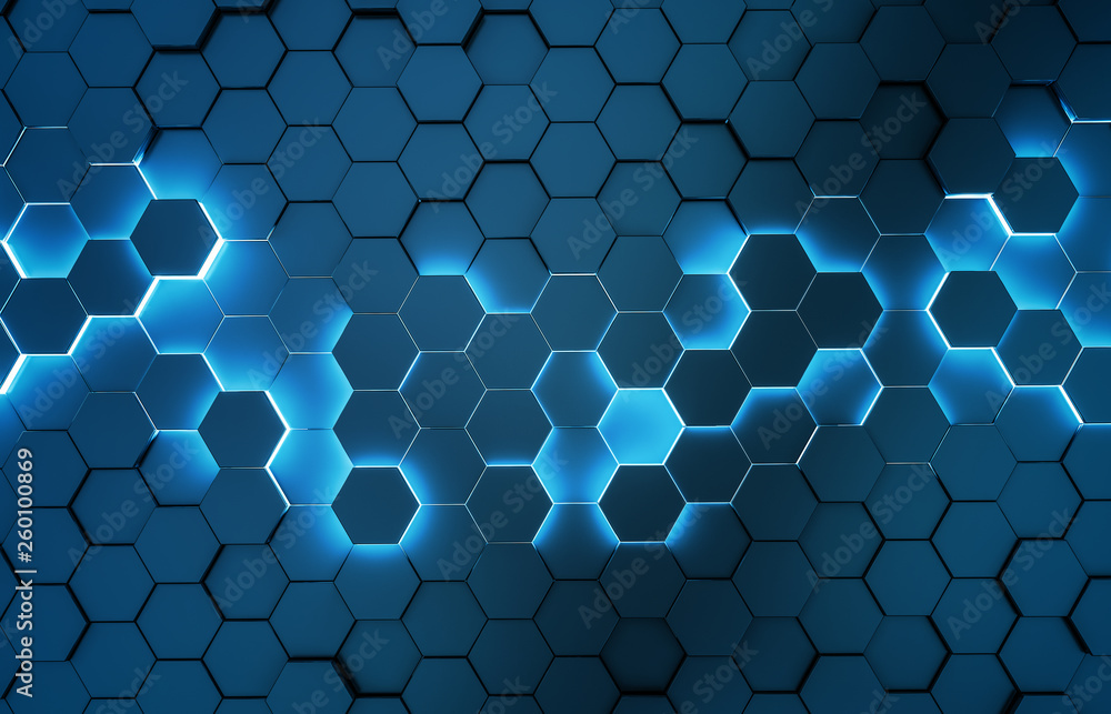 Black blue hexagons background pattern 3D rendering