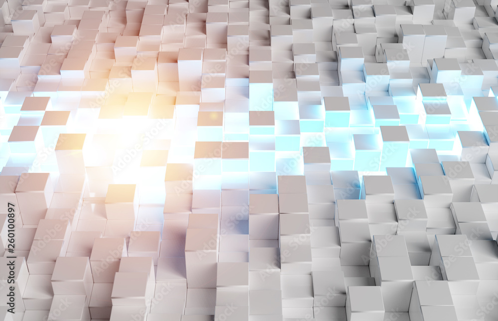 Glowing white and colorful abstract squares background pattern 3D rendering