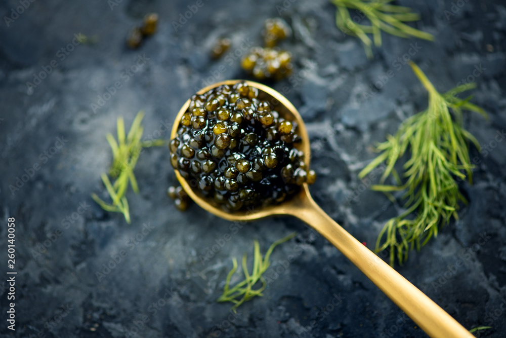 Black caviar in a spoon on dark background. Natural sturgeon black caviar closeup. Delicatessen. Top