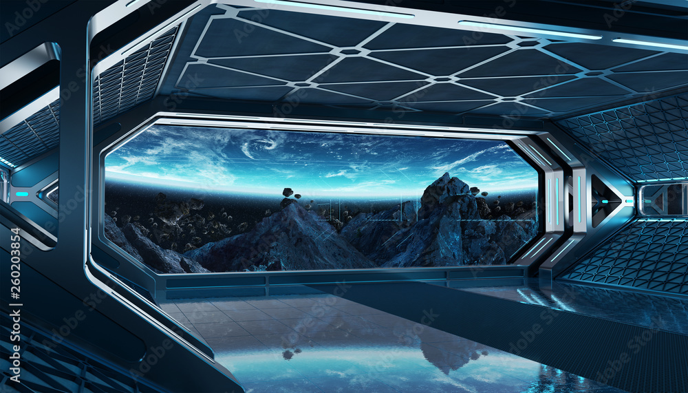 Dark blue spaceship futuristic interior with window view on space and planets 3d rendering