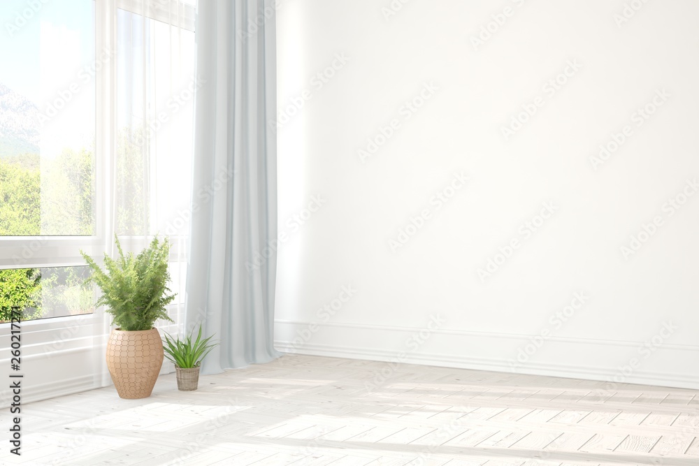 White minimalist empty room. Scandinavian interior design. 3D illustration