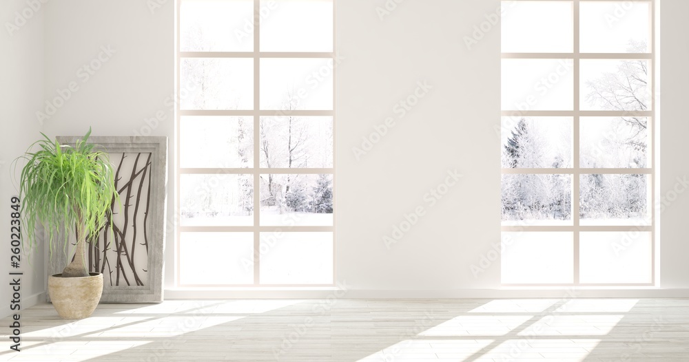 White stylish empty room with winter landscape in window. Scandinavian interior design. 3D illustrat