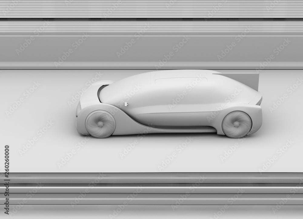 自动驾驶电动汽车在高速公路上行驶的粘土渲染。3D渲染图像。