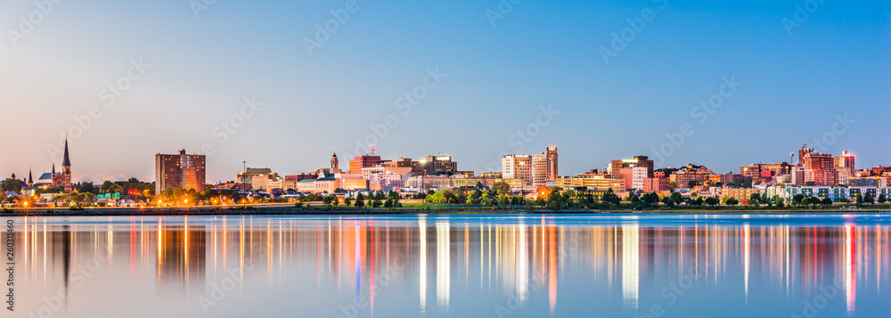 Portland, Maine, USA downtown skyline from Back Cove at dawn.