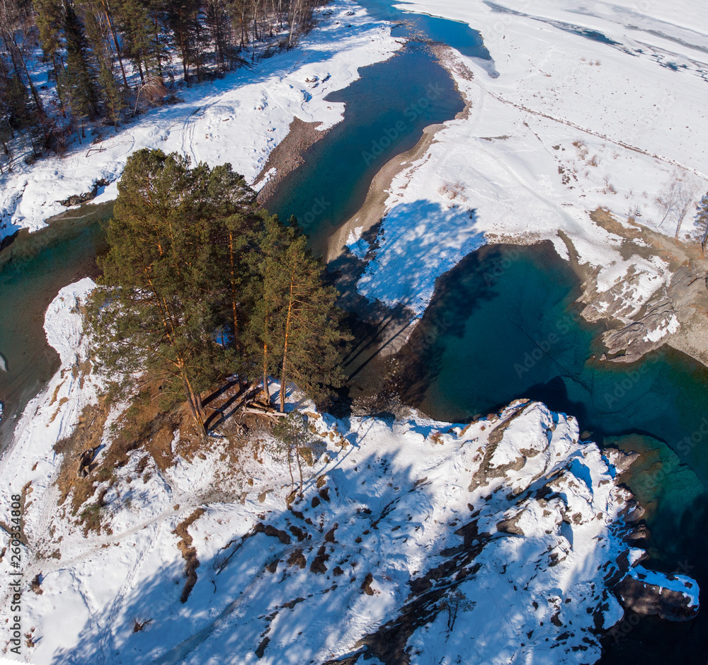 Aerial view of winter blue lakes