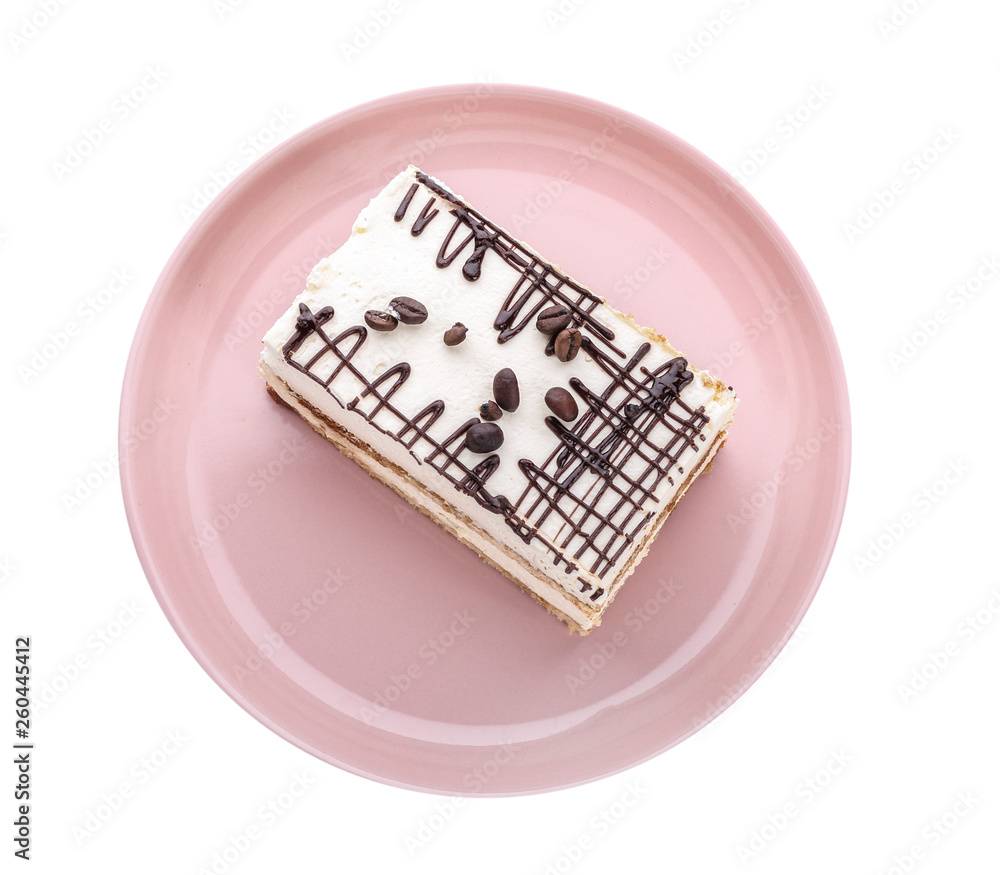 Plate with tasty tiramisu on white background