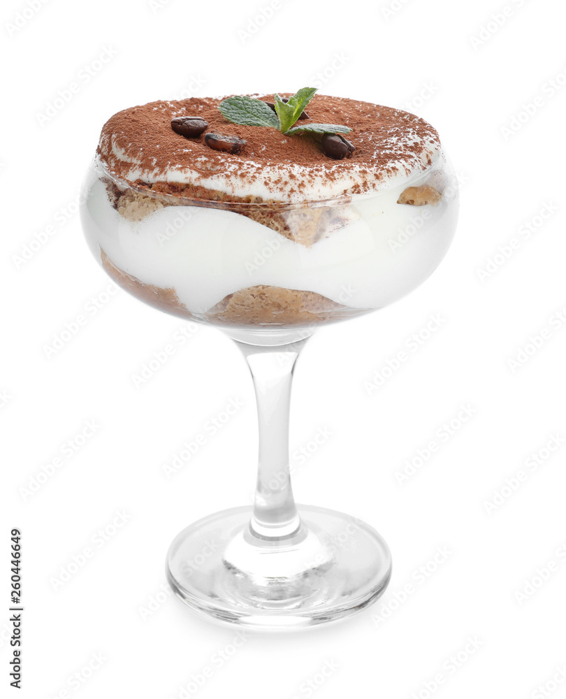 Tasty tiramisu on white background