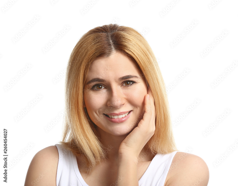 Portrait of beautiful woman on white background