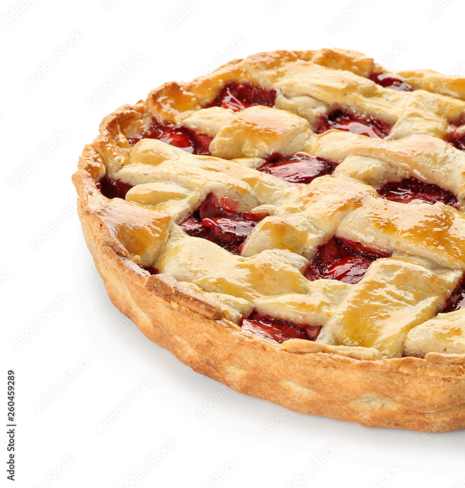 Tasty strawberry pie on white background