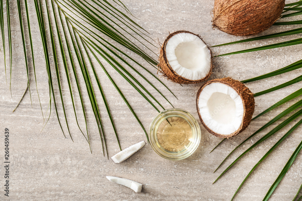 Composition with coconut oil on table