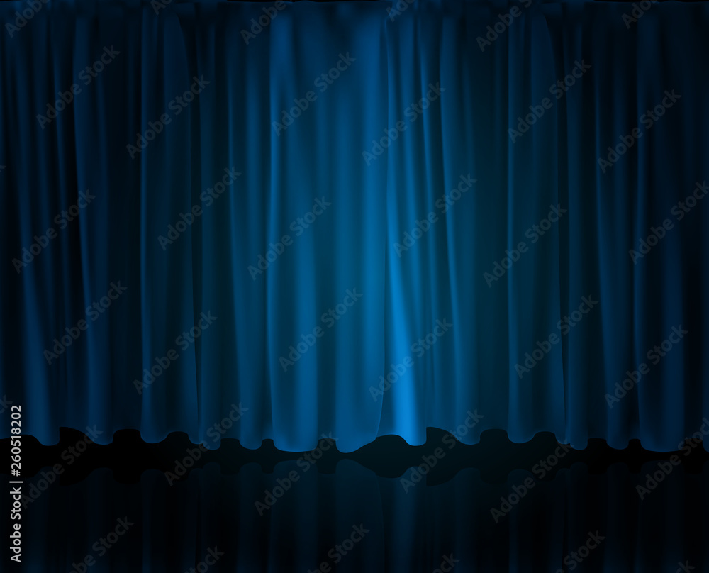 Realistic Spotlight on stage curtain. Option curtain at home in the cinema. Vector Illustration