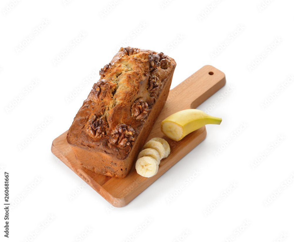 Tasty banana bread on white background