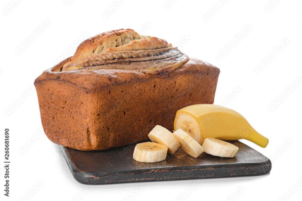 Tasty banana bread on white background