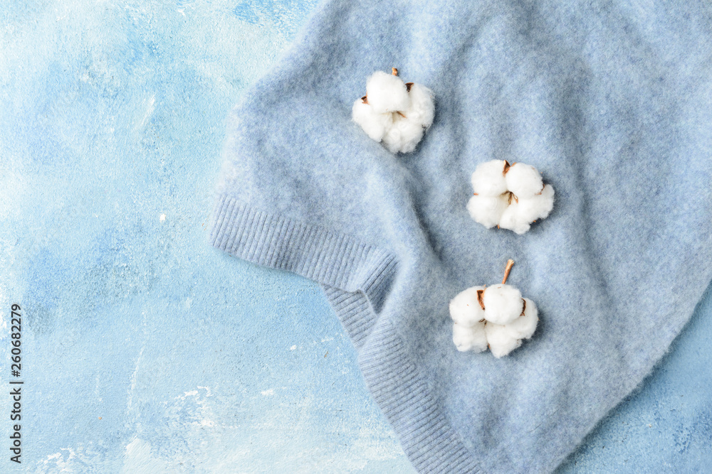 Cotton flowers with knitted sweater on color background