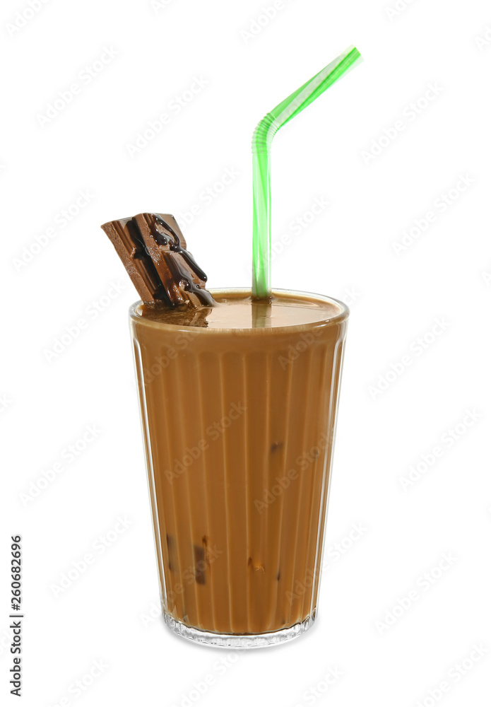 Glass of tasty frappe coffee on white background