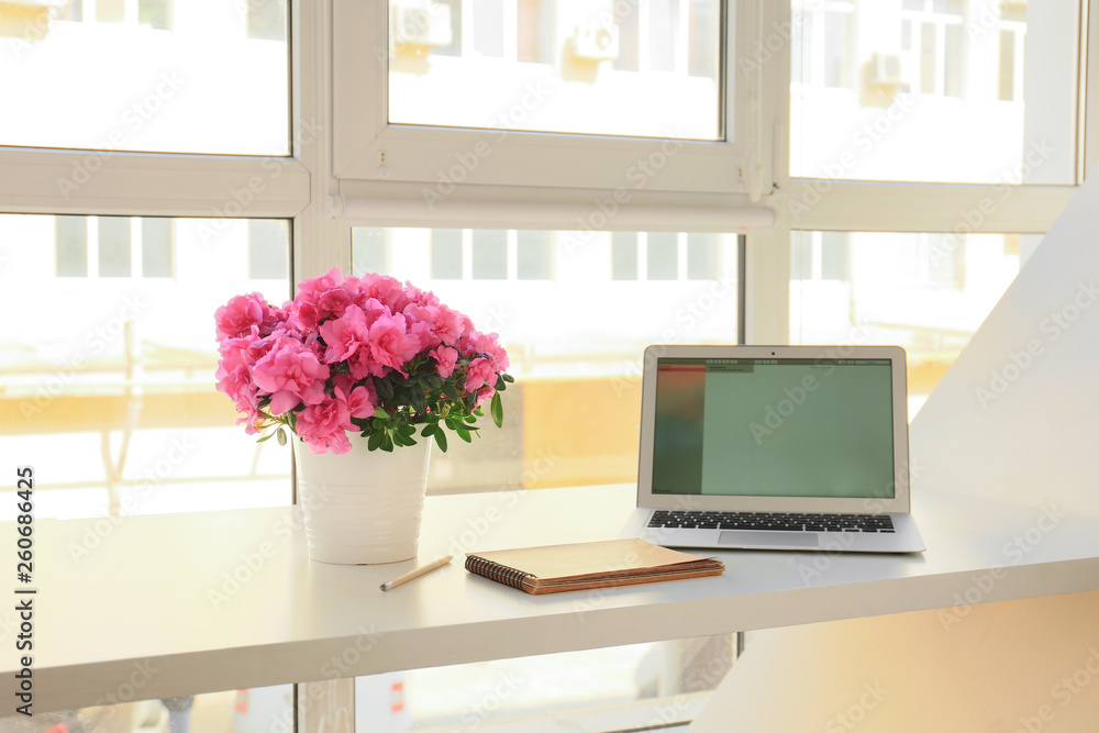 Pot with beautiful blooming azalea, laptop and notebook on table near window