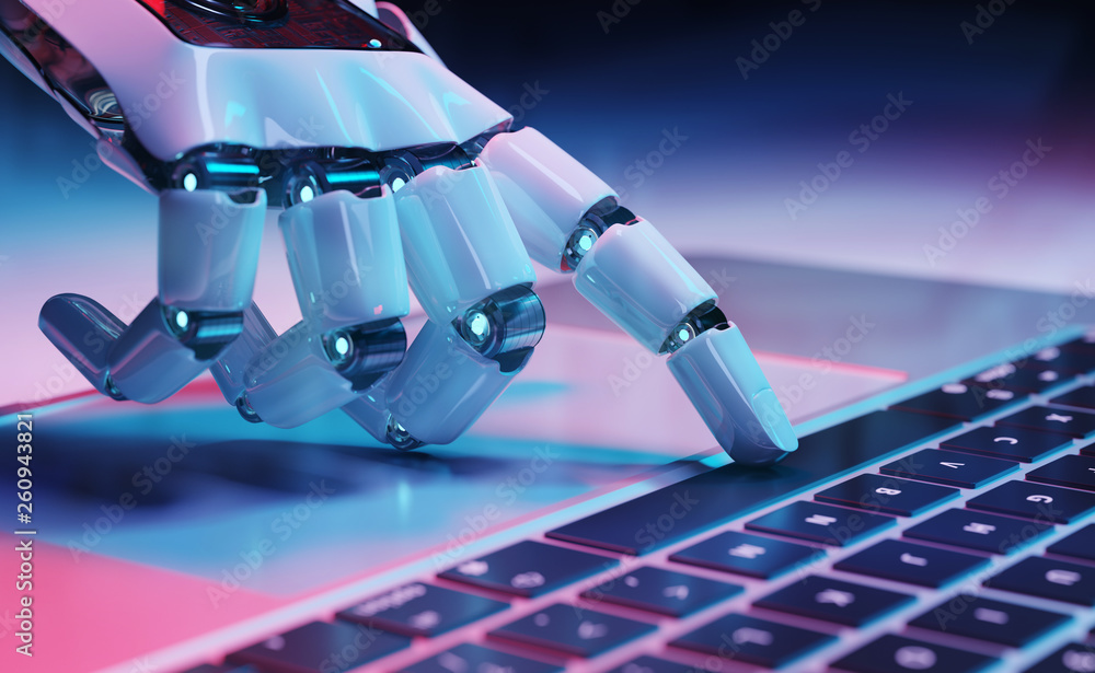 Robotic hand pressing a keyboard on a laptop 3D rendering