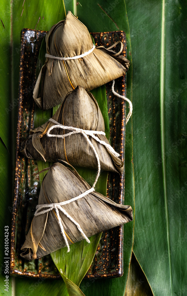 Close up, copy space, top view, famous asian chinese tasty handmade food in dragon boat(duan wu) fes