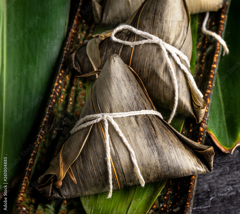 Close up, copy space, top view, famous asian chinese tasty handmade food in dragon boat(duan wu) fes