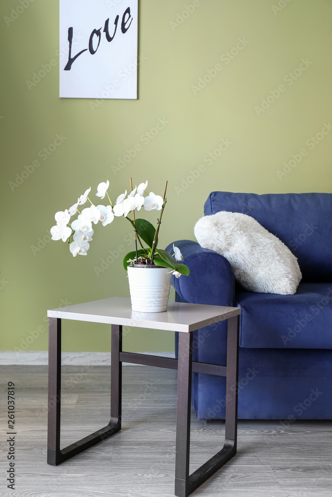 Interior of room with sofa and table