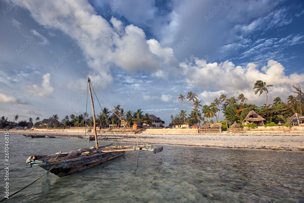 Beautiful sunset on the beach of the Indian ocean, Zanzibar island