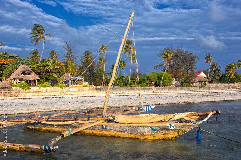 Beautiful sunset on the beach of the Indian ocean, Zanzibar island