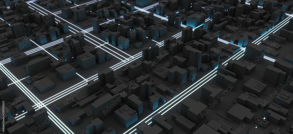 Urban 3D panorama - architectural dark background illustration. The city center is  residential, bus