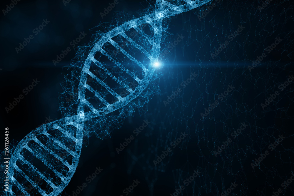 Shiny dna double helix molecule on artistic blue coloured cyberspace. 3d illustration background.