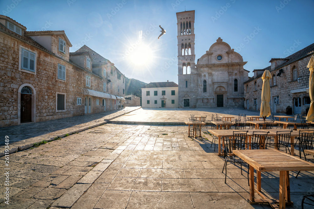 Street view of Hvar Town in Croatia. Hvar Town is the famous town for summer beach vacation on Hvar 