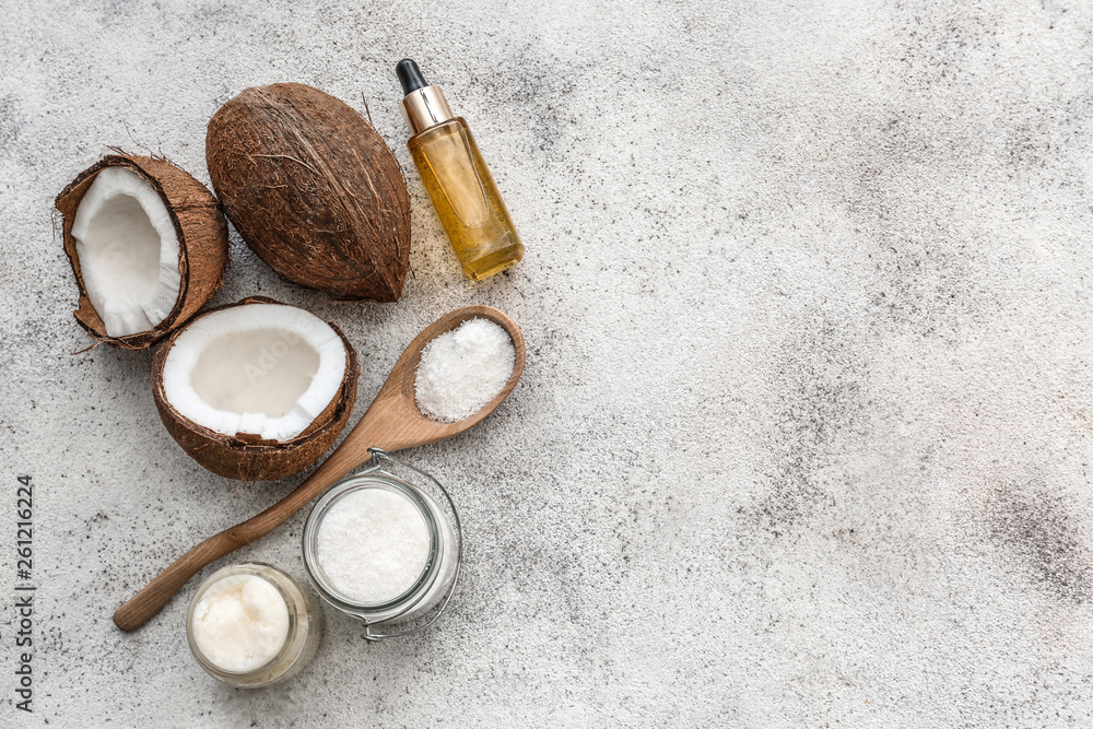 Composition with coconut oil on light background