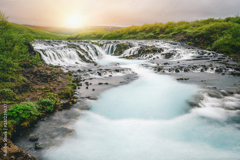 Landscape of Bruarfoss waterfall in Brekkuskogur, Iceland. Bruarfoss waterfall is the famous waterfa