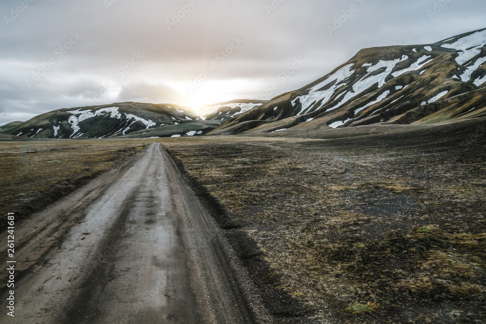 Beautiful Landmanalaugar gravel dust road way on highland of Iceland, Europe. Muddy tough terrain fo