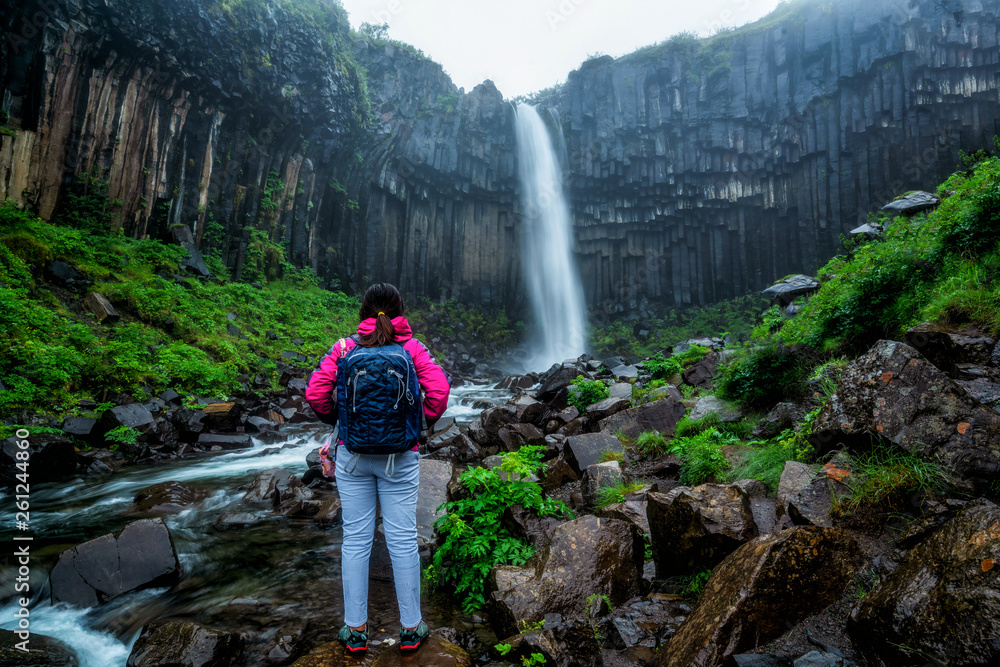 Traveler trekking to Svartifoss falls in Iceland. Svartifoss is unique waterfalls of volcanic rocks 