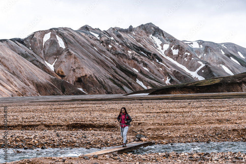 旅行者在欧洲北欧冰岛高地的Landmannaulaugar超现实自然景观徒步旅行。