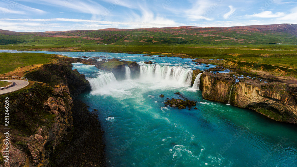 Aerial view landscape of the Godafoss famous waterfall in Iceland. The breathtaking landscape of God