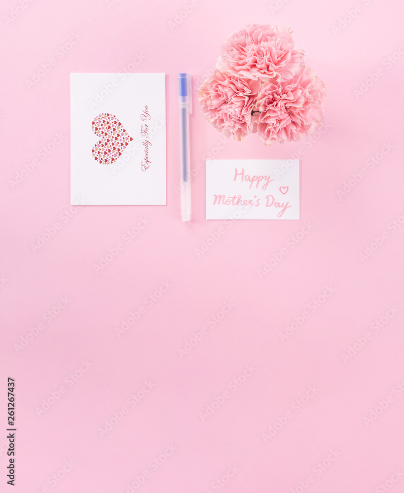 Top view, flat lay, mock up, copy space, handwritten greeting card template isolated with pale pink 