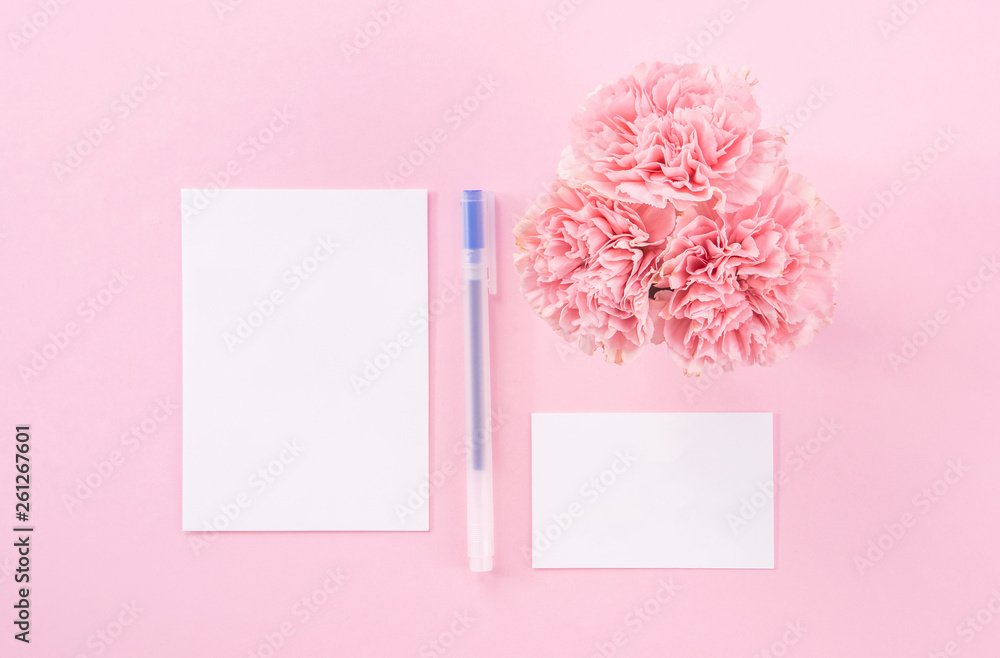 Top view, flat lay, mock up, copy space, handwritten greeting card template isolated with pale pink 