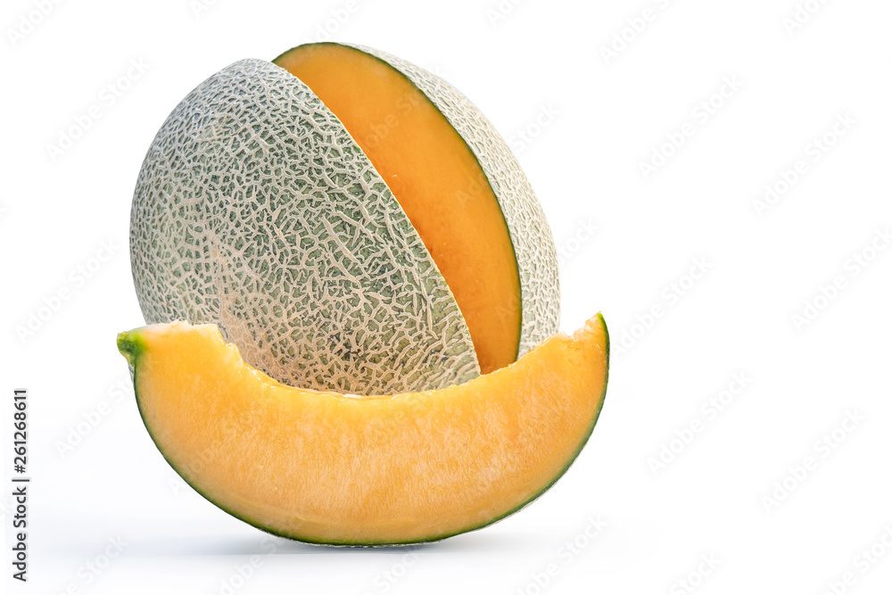 Close up, clipping path, cut out. Beautiful tasty rock cantaloup melon isolated on white background