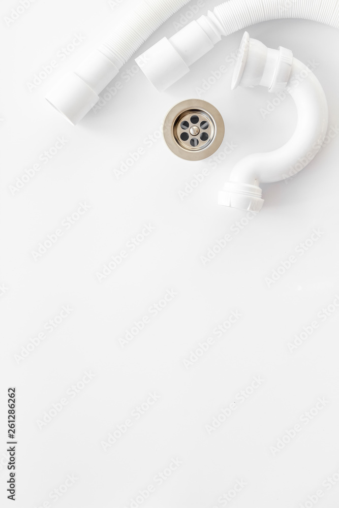 Plumber work with instruments, tools and gear on white background top view mockup