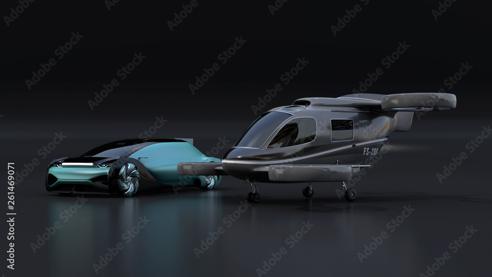 Autonomous electric car and passenger drone parking on black background. MaaS concept. 3D rendering 