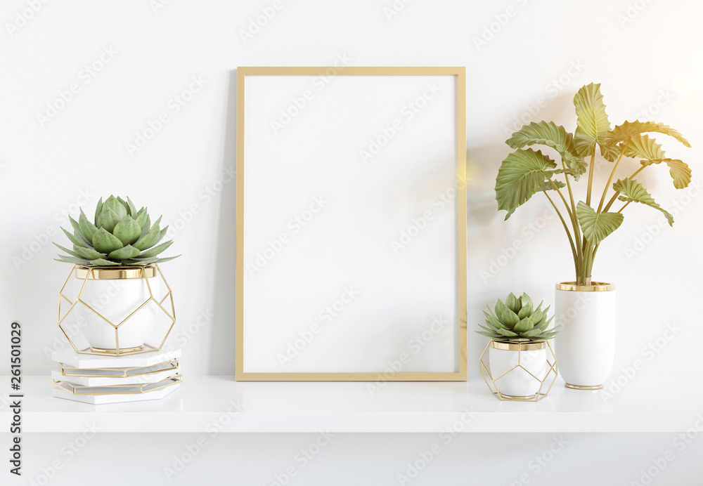 Frame leaning on white shelve in bright interior with plants and decorations mockup 3D rendering